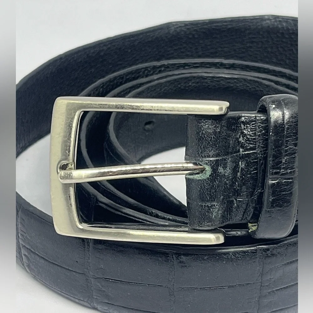 Stylish Black Croc-Embossed LEATHER Belt with Silver Buckle. DRESS BELT.
